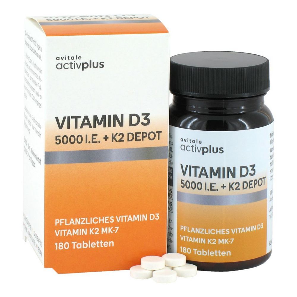 Vitamin D3 + K2 Depot. Tabletten in Dose und Schachtel. Orange-weißes Design. 180 Tabletten.