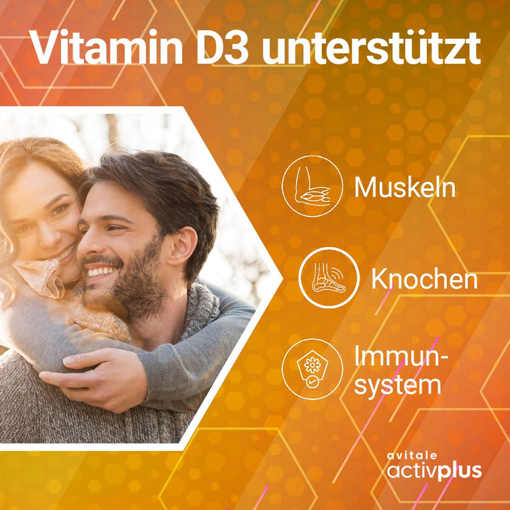 Vitamin D3 unterstützt Muskeln, Knochen und Immunsystem. Paar umarmt sich.