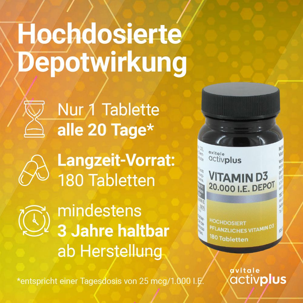 Vitamin D3 20.000 I.E. Depot. Flasche. 180 Tabletten. Nur 1 Tablette alle 20 Tage. Mind. 3 Jahre haltbar.
