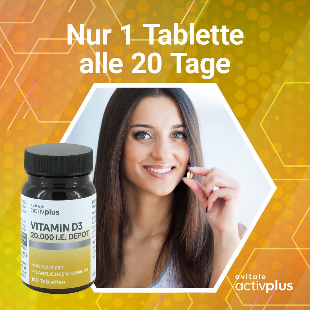 Frau hält Tablette. Vitamin D3 20.000 I.E. Depot Flasche. 180 Tabletten. Nur 1 Tablette alle 20 Tage.
