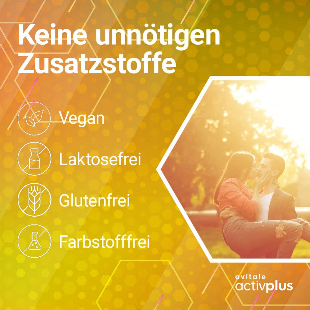 Grafik mit Text: Keine unnötigen Zusatzstoffe. Vegan, laktosefrei, glutenfrei, farbstofffrei. Paar im Hintergrund.
