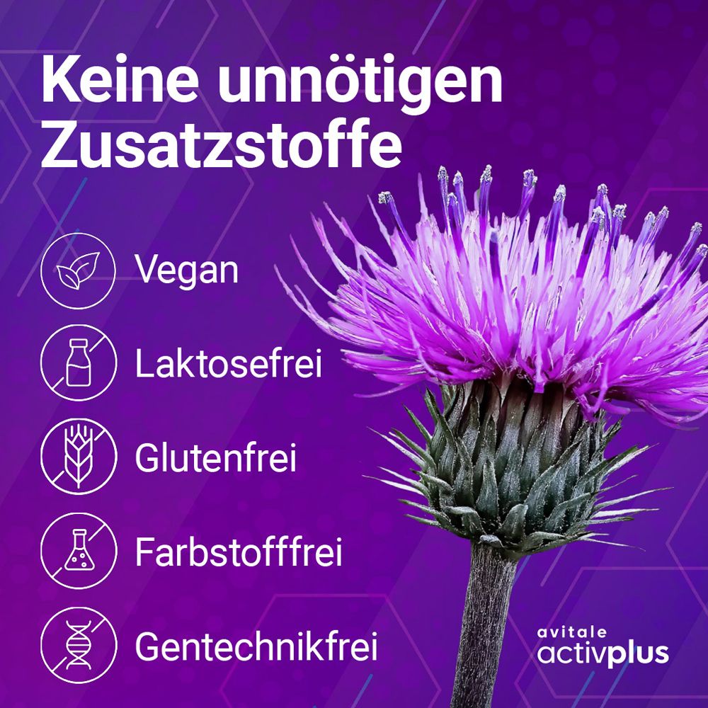 Grafik mit Symbolen und Text. Vegan, laktosefrei, glutenfrei, farbstofffrei, gentechnikfrei. Avitale activplus Logo.