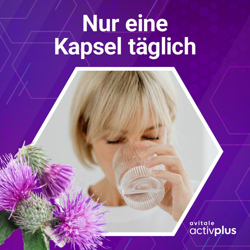 Frau trinkt Wasser aus Glas. Text: Nur eine Kapsel täglich. Avitale activplus Logo.