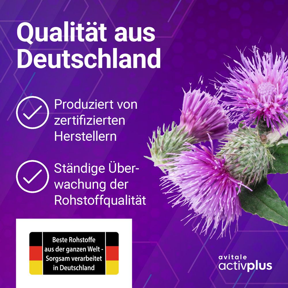 Grafik mit Text und Logo. Qualität aus Deutschland. Zertifizierte Hersteller. Rohstoffqualität. Avitale activplus Logo.