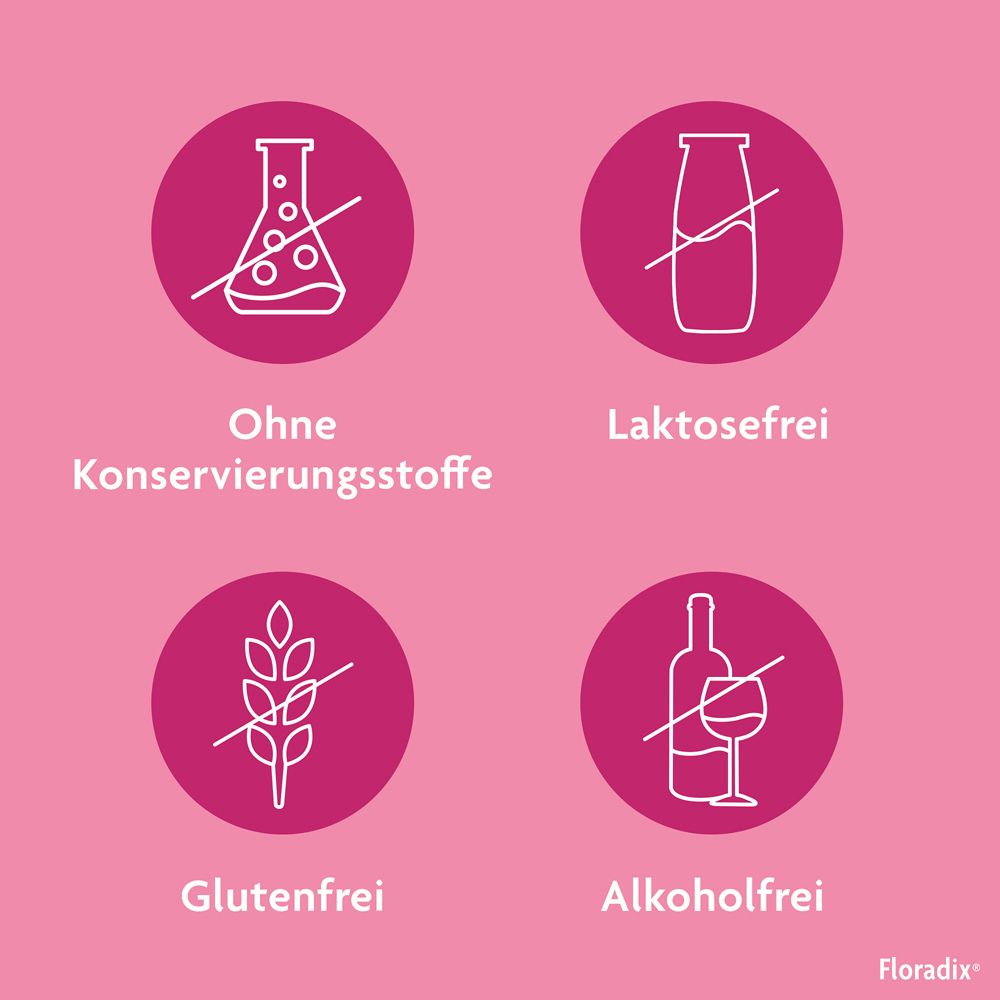 Symbole für 'ohne Konservierungsstoffe', 'laktosefrei', 'glutenfrei' und 'alkoholfrei' in Kreisen.