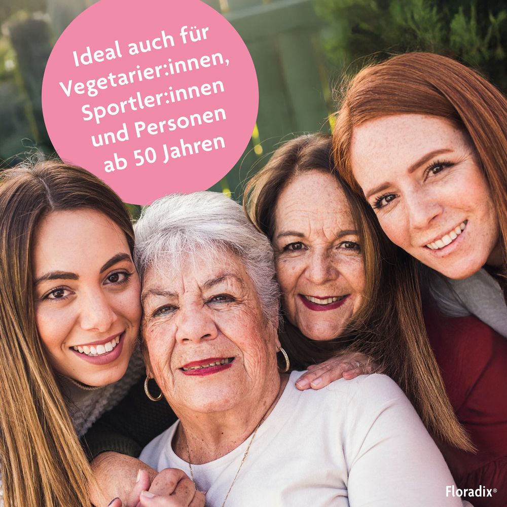 Vier Frauen lächeln. Text: 'Ideal auch für Vegetarier:innen, Sportler:innen und Personen ab 50 Jahren'.
