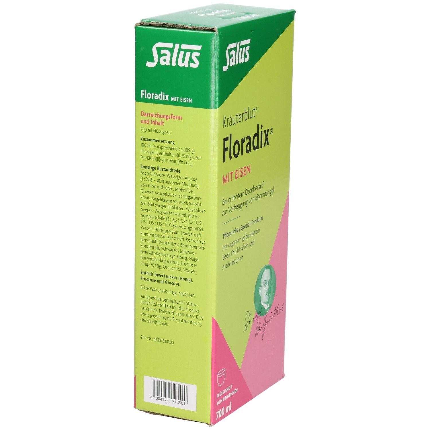 Karton von FLORADIX mit Eisen. Grün, rosa und weiß. Text: Kräuterblut, Flüssigkeit zum Einnehmen, 700 ml. Seitenansicht.