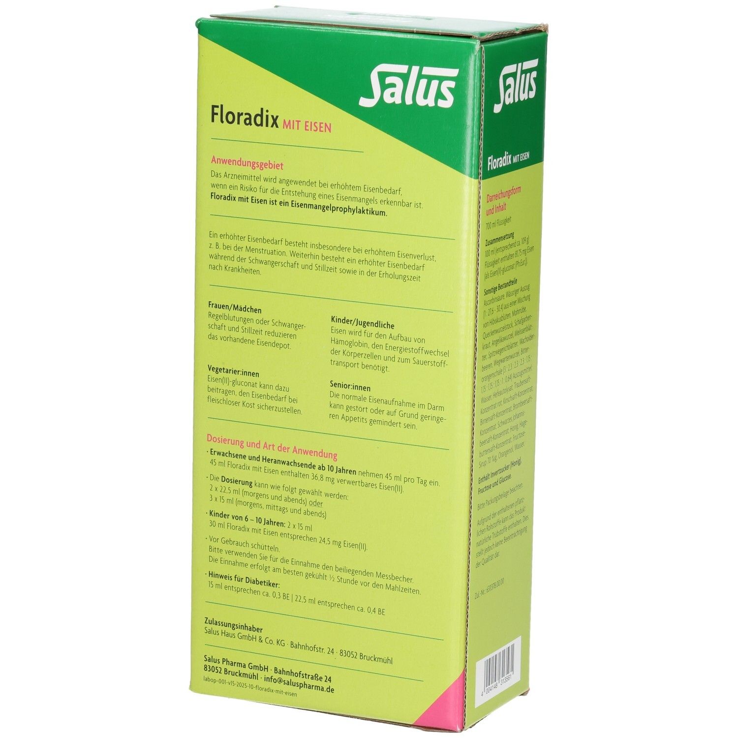 Karton von FLORADIX mit Eisen. Grün, rosa und weiß. Text auf der Rückseite. Anwendungshinweise.