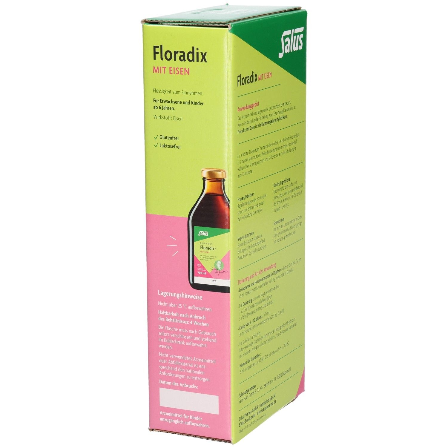 Karton von FLORADIX mit Eisen. Grün, rosa und weiß. Text auf der Seite. Lagerungshinweise.