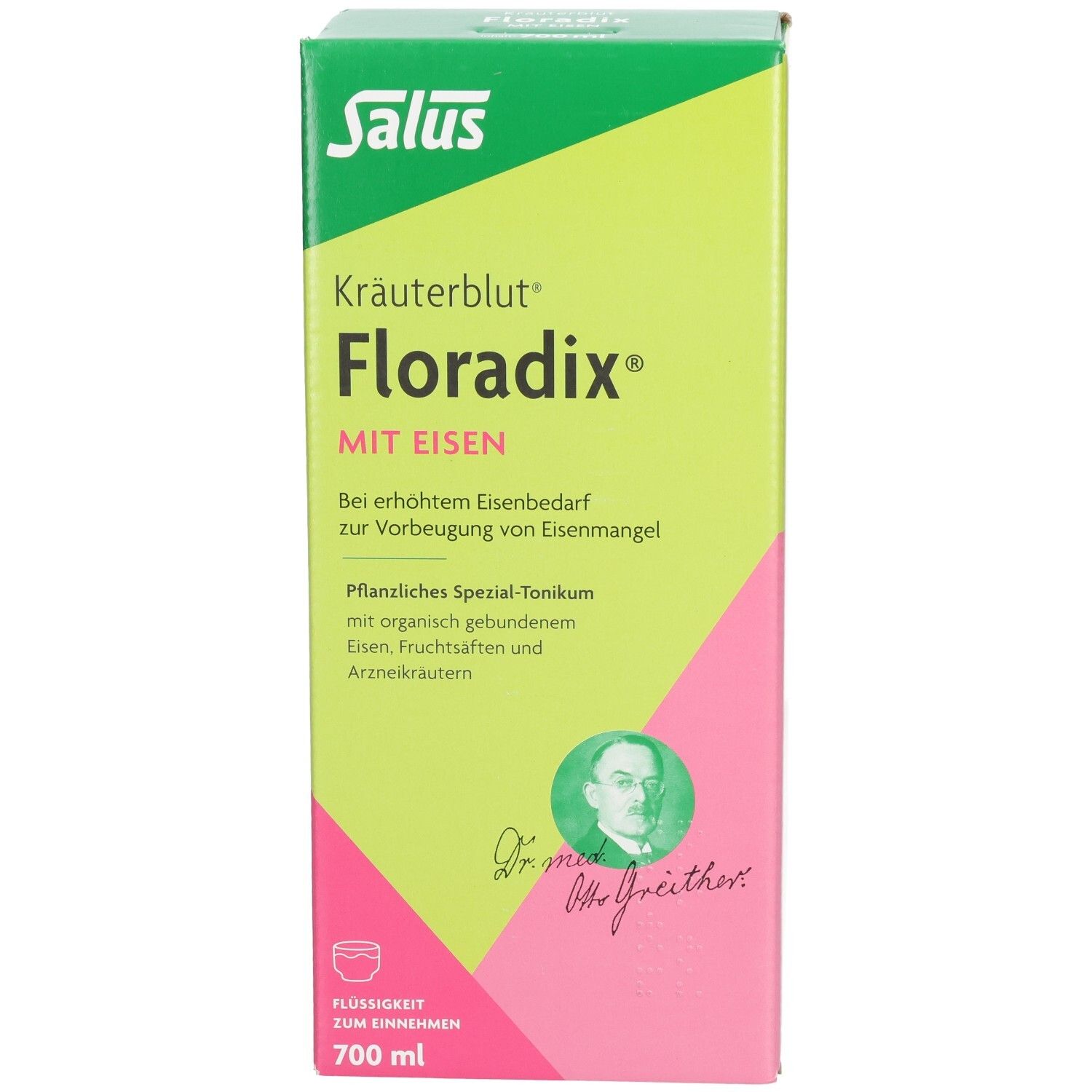 Karton von FLORADIX mit Eisen. Grün, rosa und weiß. Text: Kräuterblut, Flüssigkeit zum Einnehmen, 700 ml.