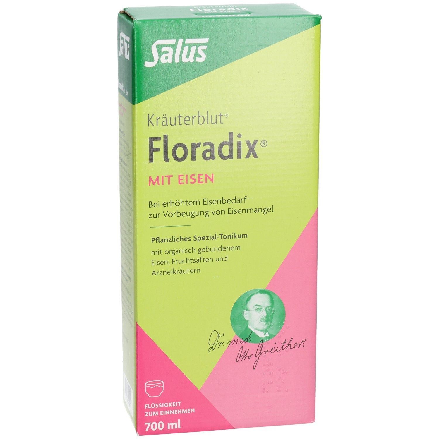 Karton von FLORADIX mit Eisen. Grün, rosa und weiß. Text: Kräuterblut, Flüssigkeit zum Einnehmen, 700 ml.