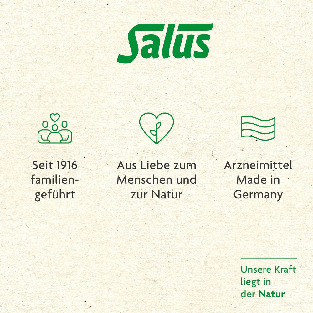 Logo Salus. Text: Seit 1916 familiengeführt. Aus Liebe zum Menschen und zur Natur. Arzneimittel Made in Germany.