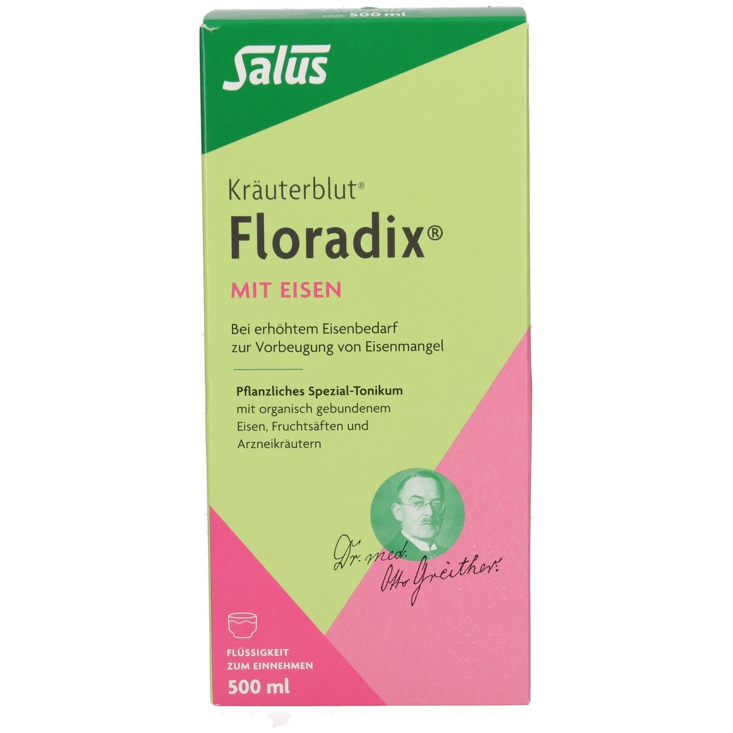 Floradix Kräuterblut mit Eisen: Vorderseite der Kartonverpackung mit Produktnamen, Herstellerlogo und Porträt.