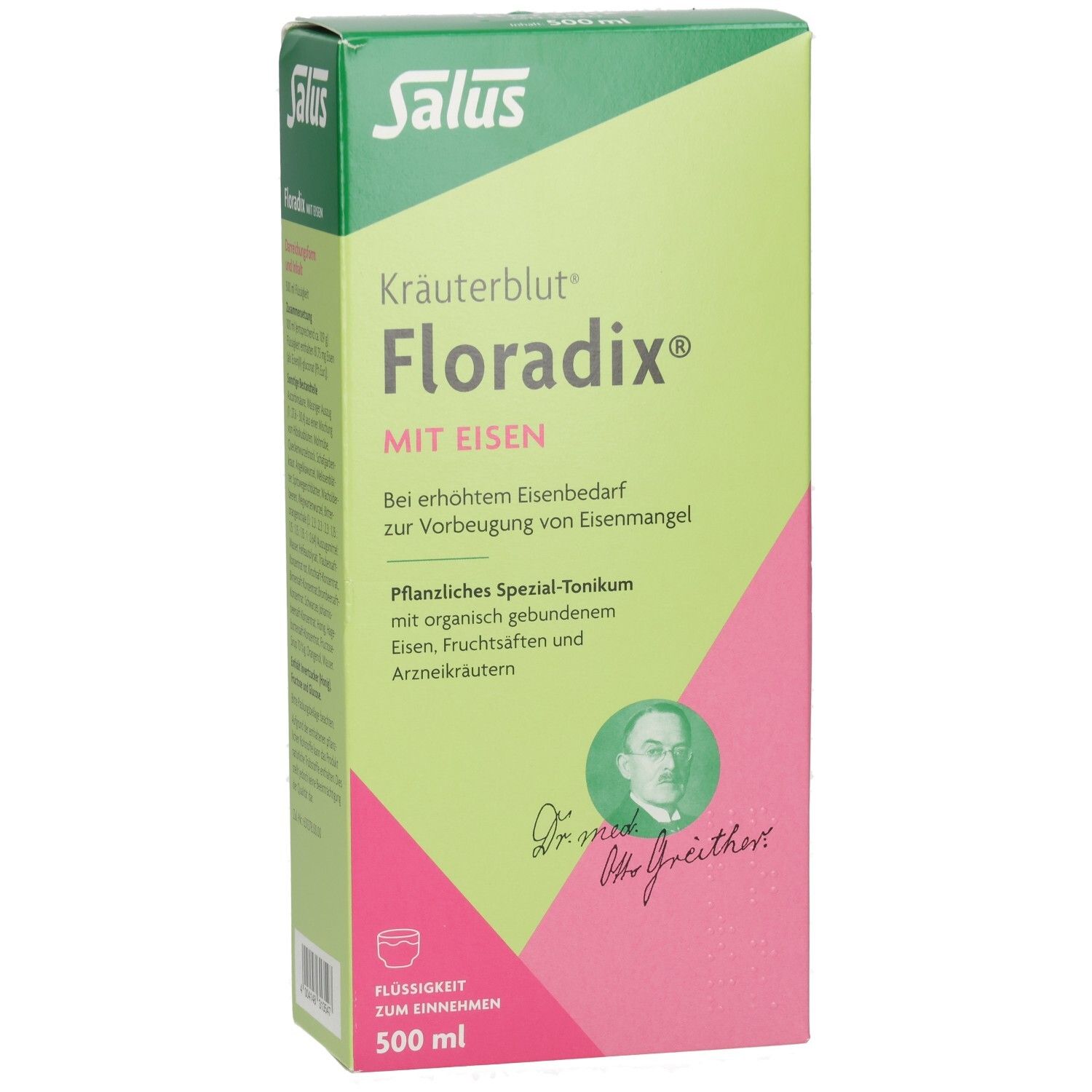 Floradix Kräuterblut mit Eisen: Vorderseite der Kartonverpackung mit Produktnamen, Herstellerlogo und Porträt.