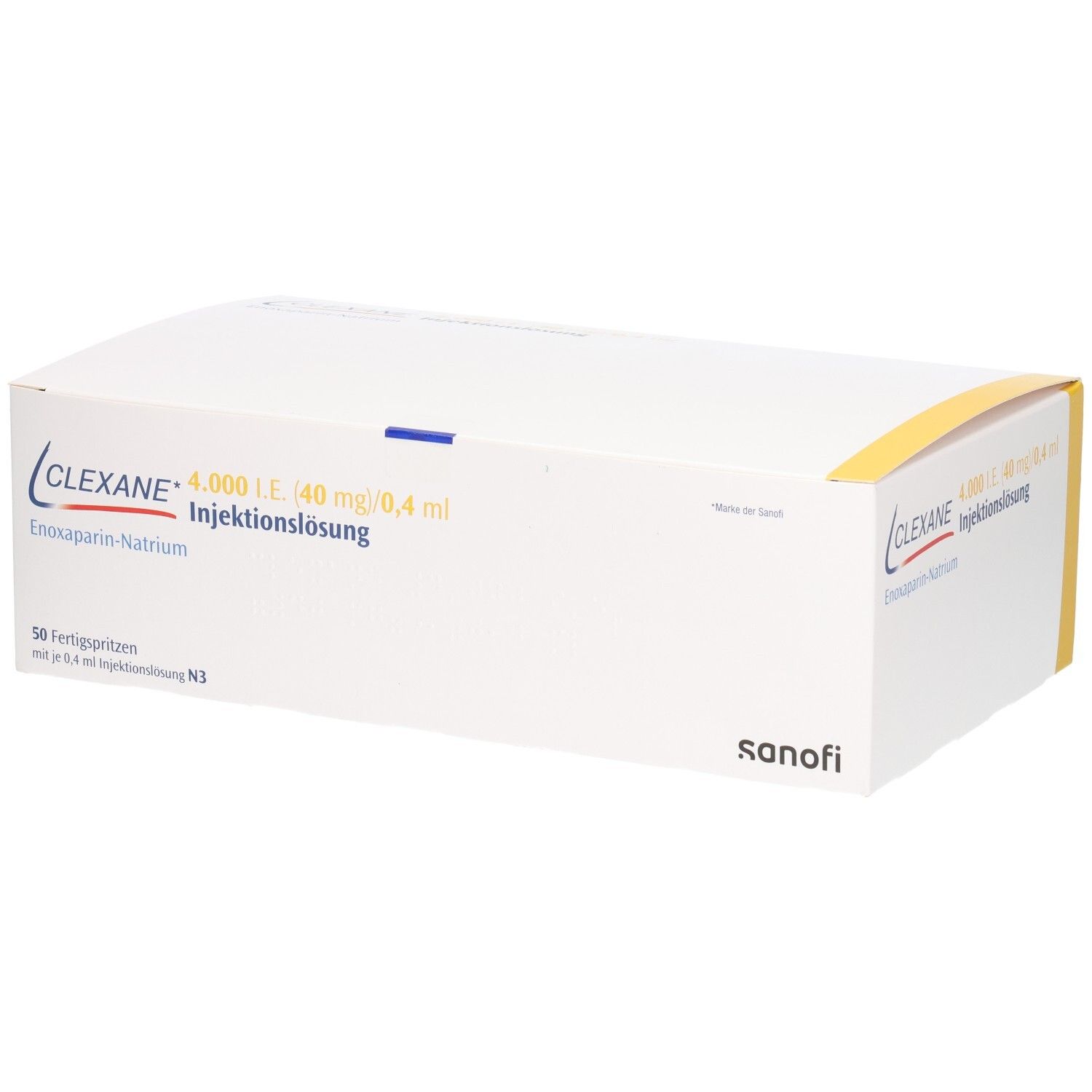 Clexane 4.000 I.E. Injektionslösung mit Enoxaparin-Natrium in 50 Fertigspritzen.