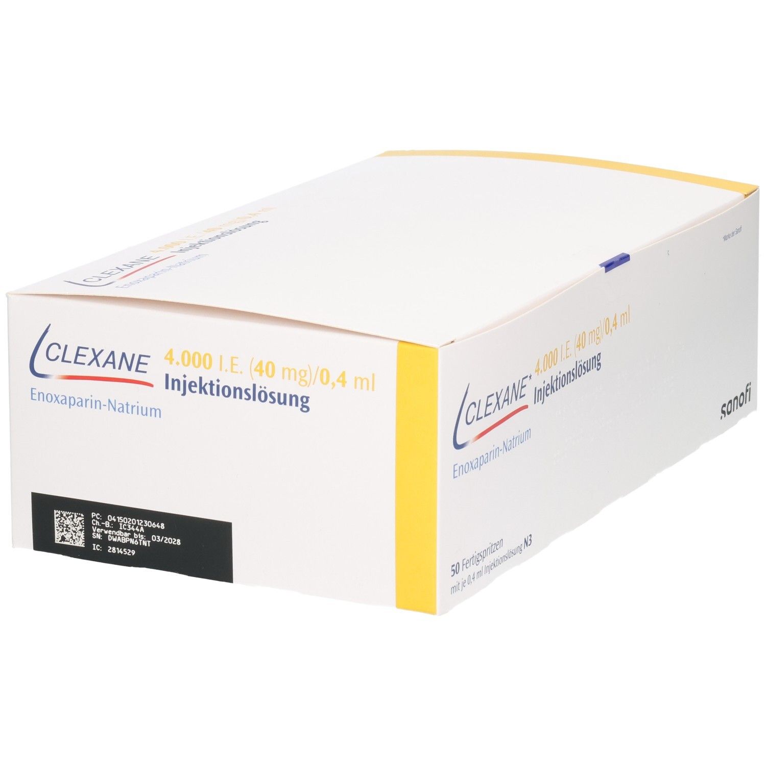 Clexane 4.000 I.E. Injektionslösung mit Enoxaparin-Natrium in 50 Fertigspritzen.