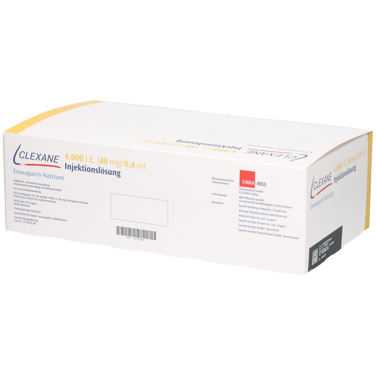 Clexane 4.000 I.E. Injektionslösung mit Enoxaparin-Natrium. Rückseite mit Produktinformationen.