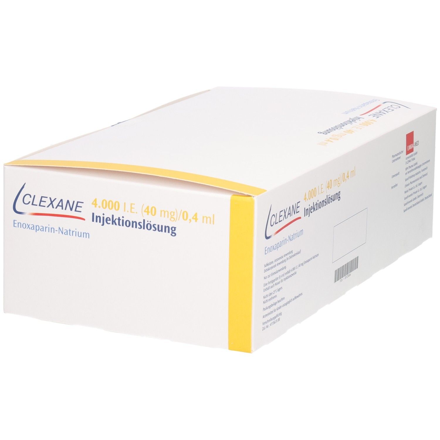 Clexane 4.000 I.E. Injektionslösung mit Enoxaparin-Natrium. Rückseite mit Produktinformationen.