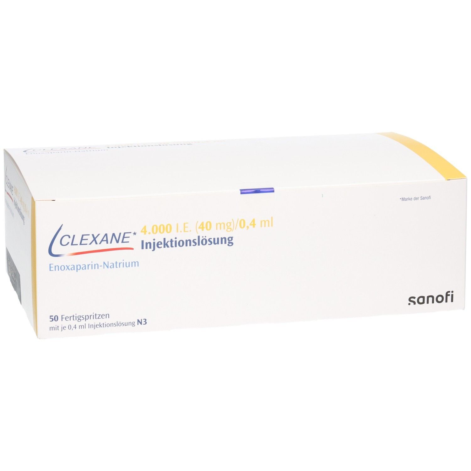 Clexane 4.000 I.E. Injektionslösung mit Enoxaparin-Natrium in 50 Fertigspritzen.