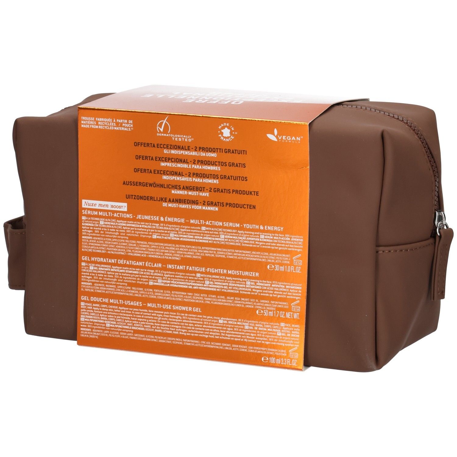 Rückseite des Nuxe Men Must-Haves Sets mit Produktinformationen und Siegeln.