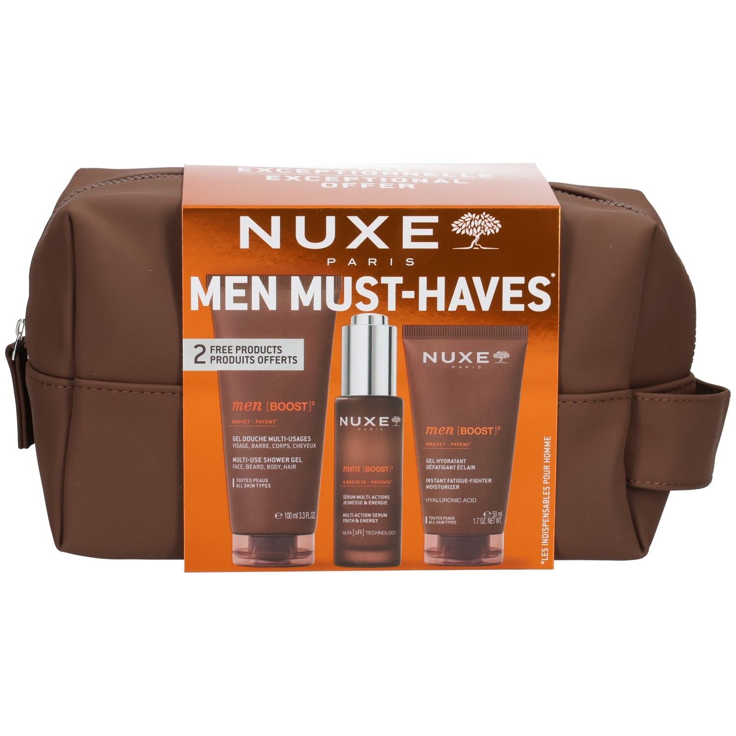 Nuxe Men Must-Haves Set mit Kosmetiktasche und drei Pflegeprodukten.