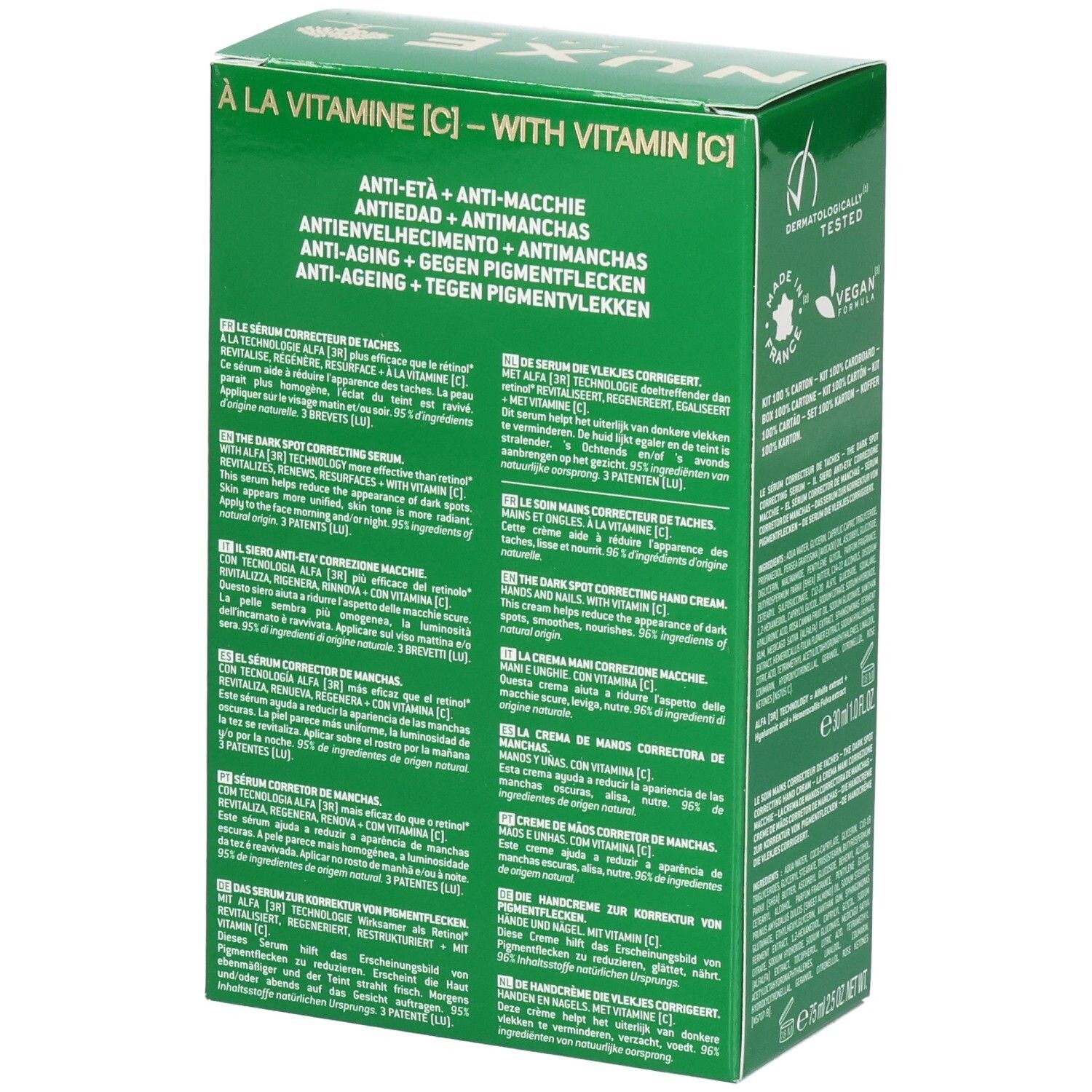 Grüne Geschenkbox mit Text. Aufschrift: NUXE Nuxuriance Ultra. Mit Vitamin C. Anti-Aging, Anti-Flecken.