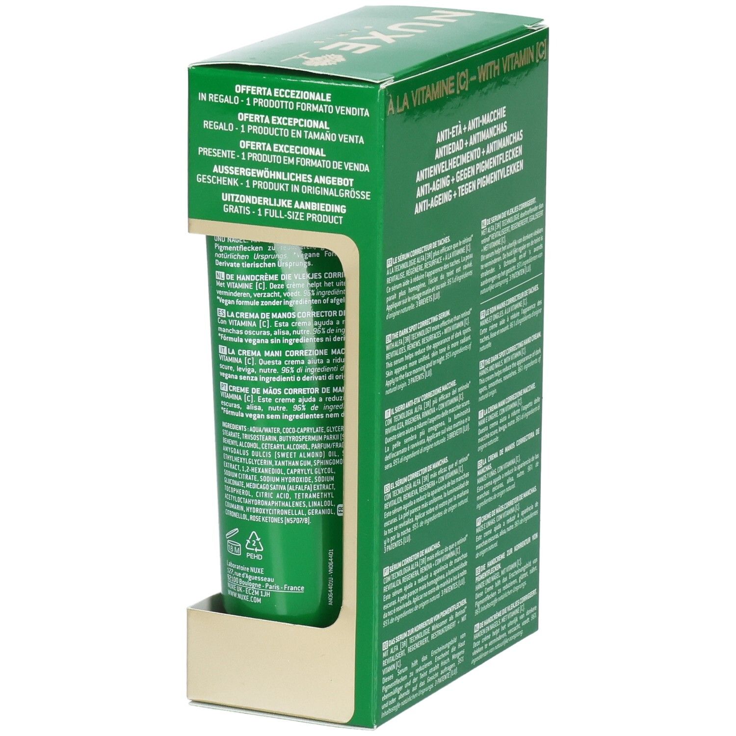 Seite der grünen Geschenkbox. Handcreme sichtbar. Aufschrift: NUXE Nuxuriance Ultra. Mit Vitamin C.