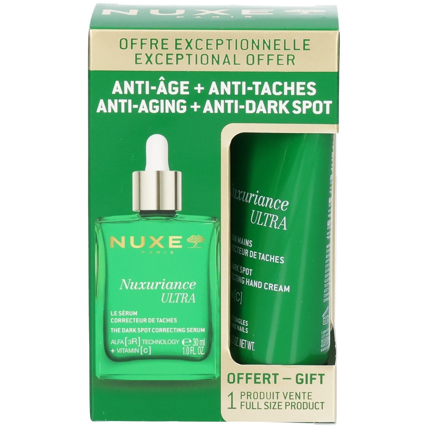 Grüne Geschenkbox mit Serum und Handcreme. Aufschrift: NUXE Nuxuriance Ultra. Anti-Aging, Anti-Flecken.