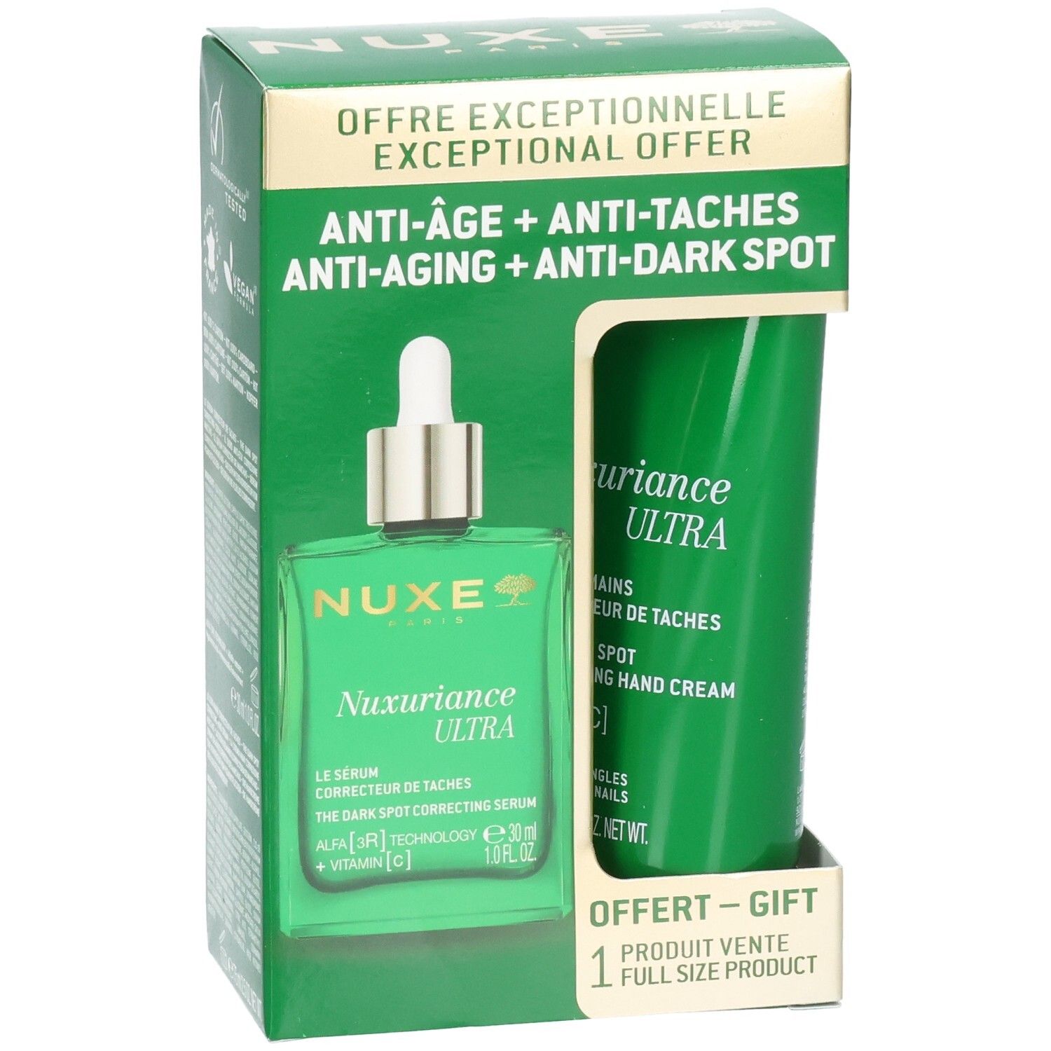 Grüne Geschenkbox mit Serum und Handcreme. Aufschrift: NUXE Nuxuriance Ultra. Anti-Aging, Anti-Flecken.
