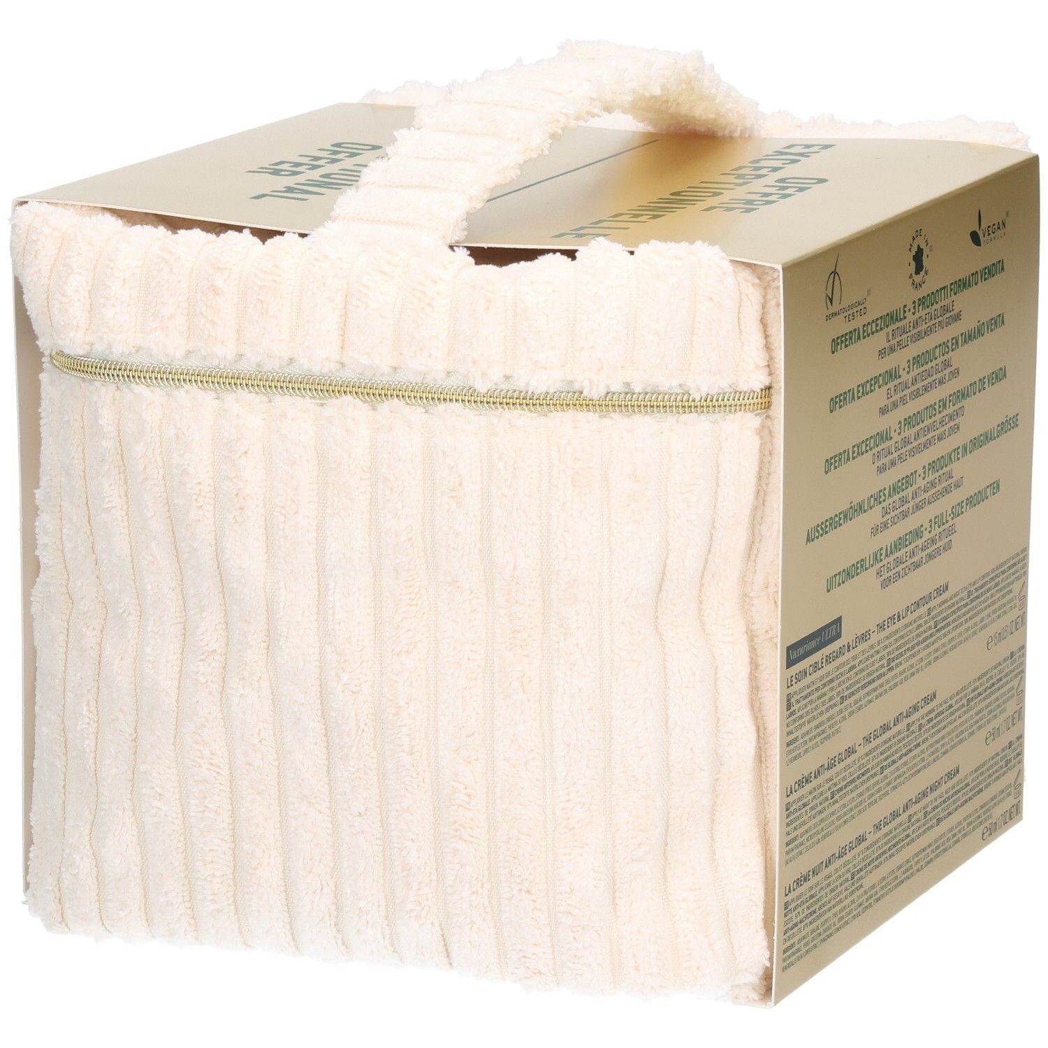 Geschenkset mit NUXE-Produkten in cremefarbenem Stoffbeutel. Goldener Reißverschluss. Text: NUXE, Offre Exceptionnelle.