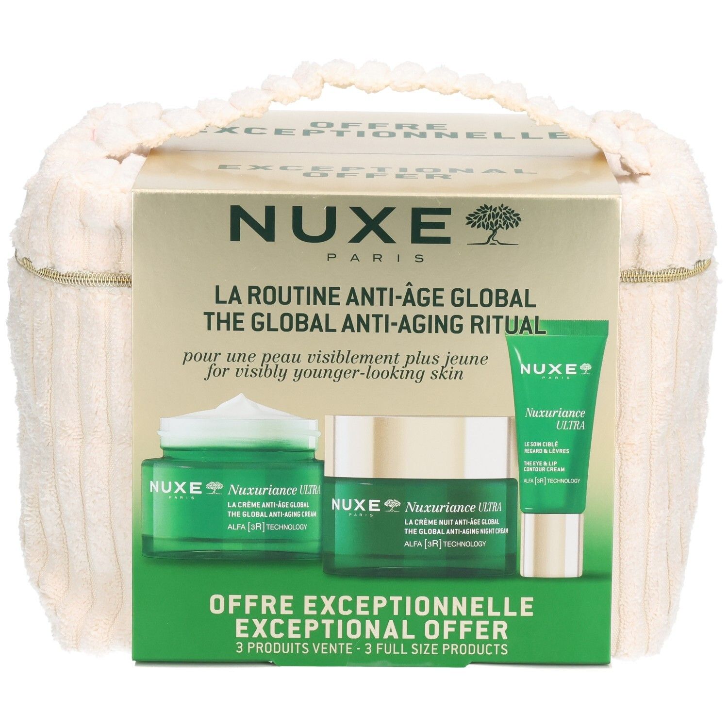 Geschenkset mit drei NUXE-Produkten. Grün-goldene Verpackung mit cremefarbenem Stoffbeutel. Text: NUXE, Anti-Aging-Ritual.