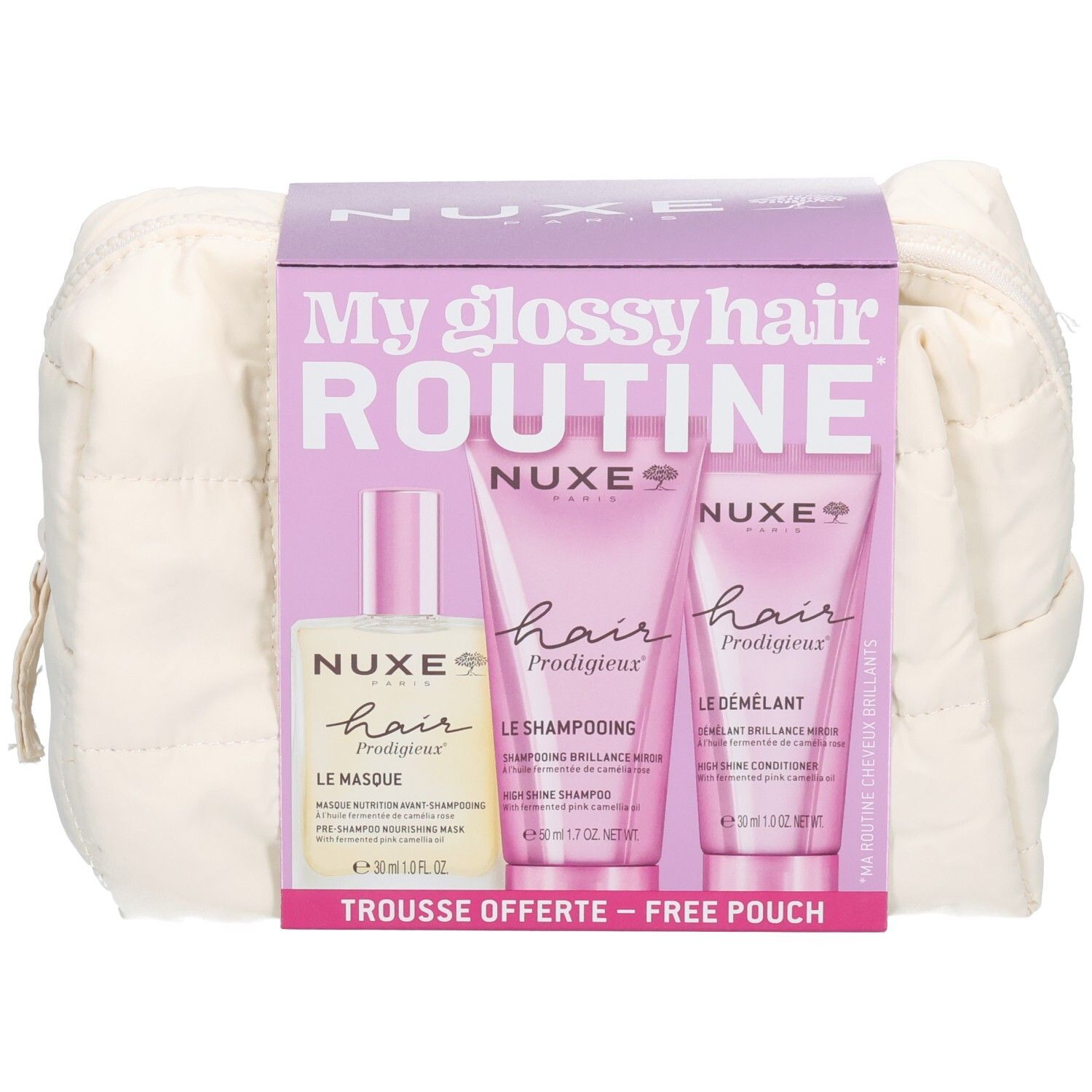 NUXE Hair Prodigieux Kennenlern-Set. Beinhaltet Shampoo, Conditioner, Maske und eine Kosmetiktasche. Rosa und cremefarbene Verpackung.