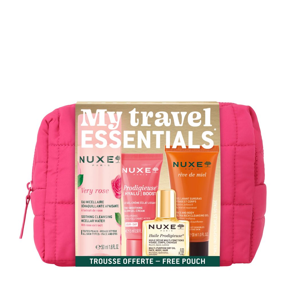 Pinkfarbene Kosmetiktasche mit NUXE-Produkten. Enthält: Mizellenwasser, Creme, Öl und Reinigungsgel. Aufschrift: My travel essentials.
