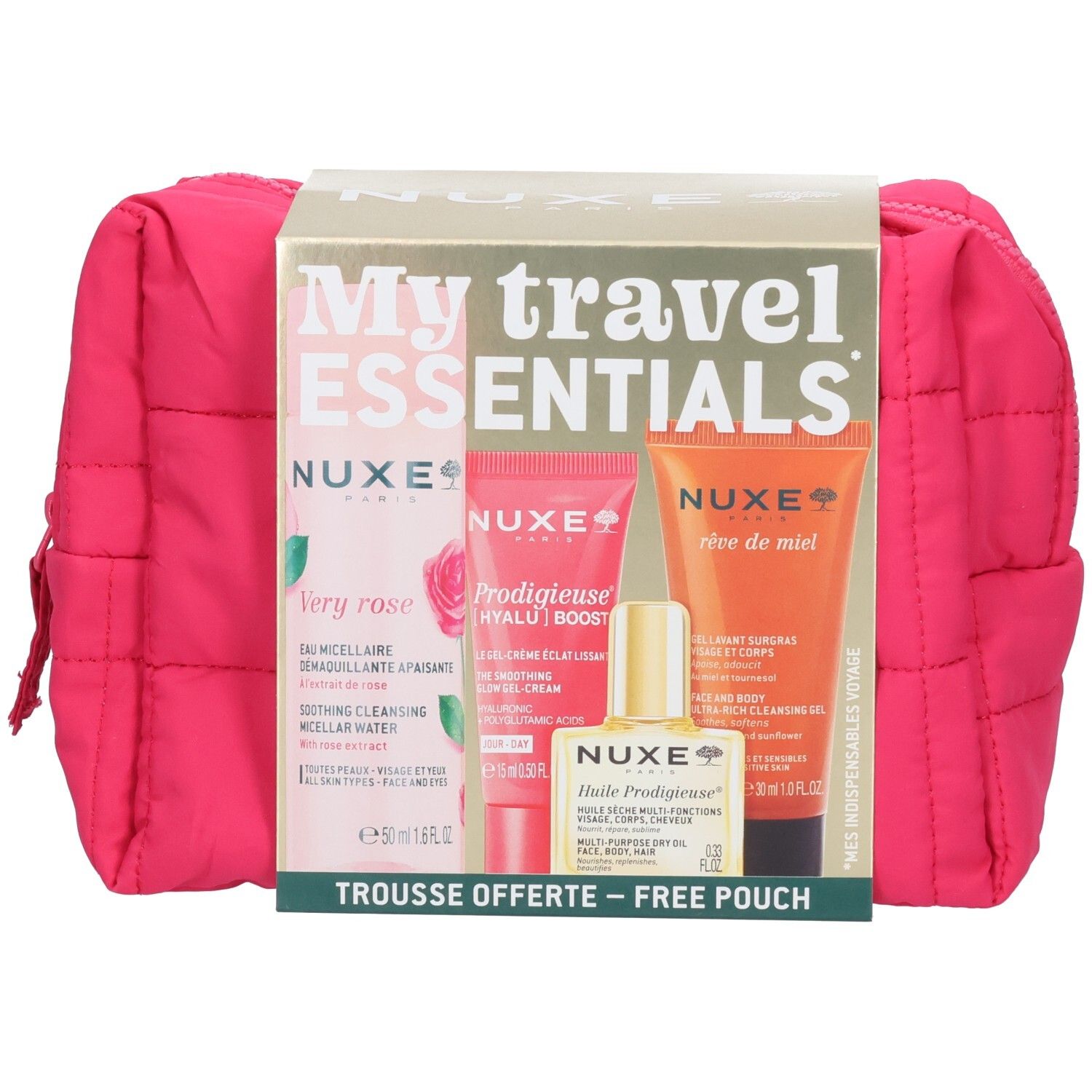 Pinkfarbene Kosmetiktasche mit NUXE-Produkten. Enthält: Mizellenwasser, Creme, Öl und Reinigungsgel. Aufschrift: My travel ESSENTIALS.