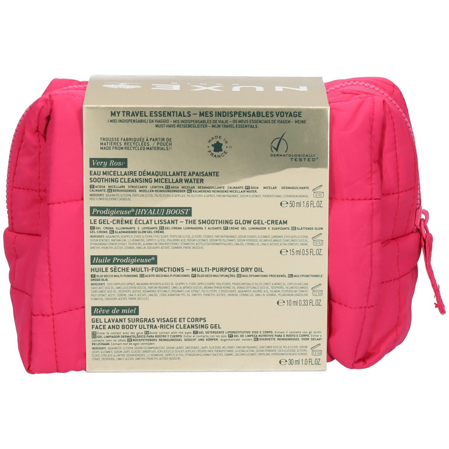 Rückseite der Kosmetiktasche mit NUXE-Produkten. Enthält: Mizellenwasser, Creme, Öl und Reinigungsgel. Text: Inhaltsstoffe, Herkunft.