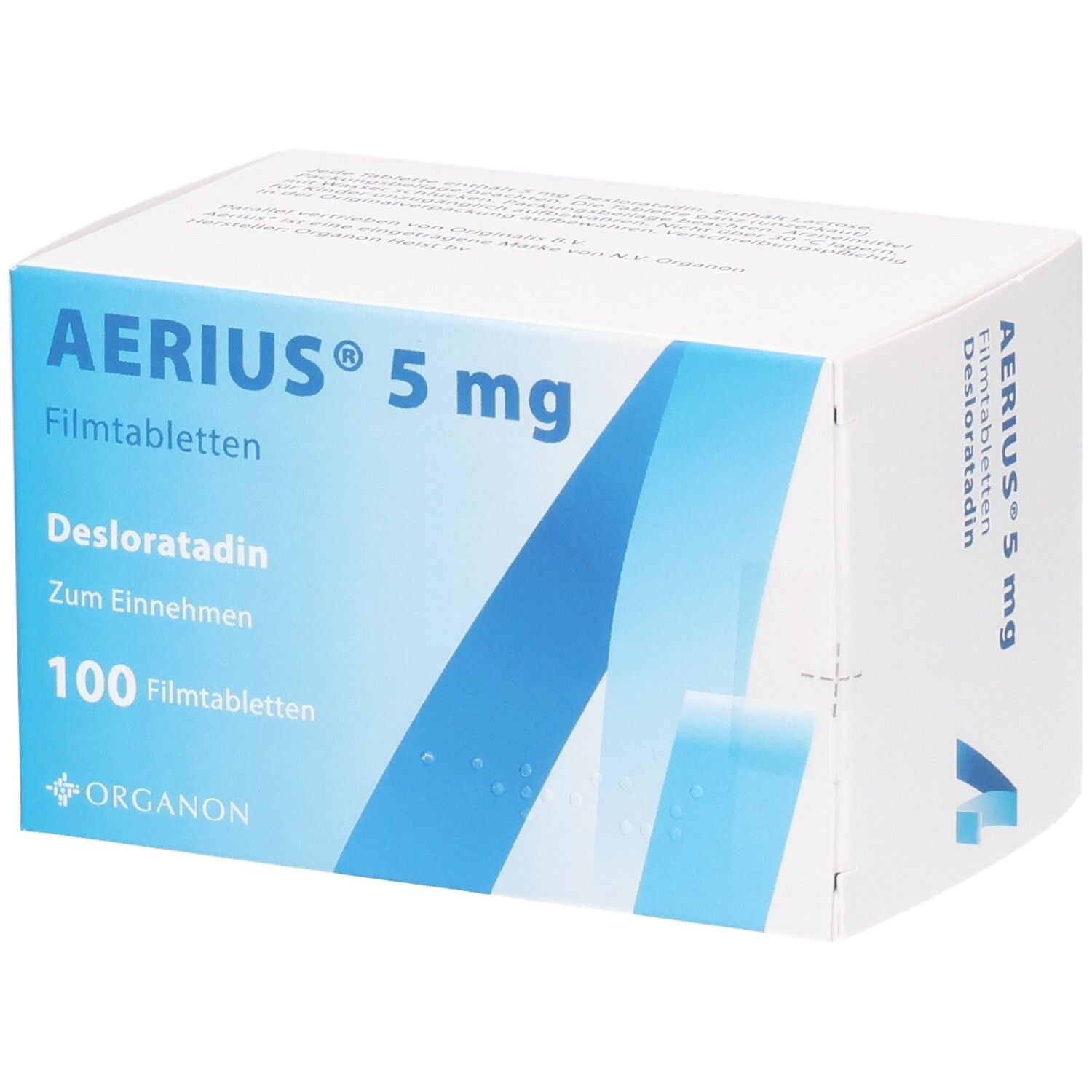 Weiße Faltschachtel mit blauer Grafik. Aufschrift: AERIUS 5 mg Filmtabletten, Desloratadin, Zum Einnehmen, 100 Filmtabletten. Logo: Organon.