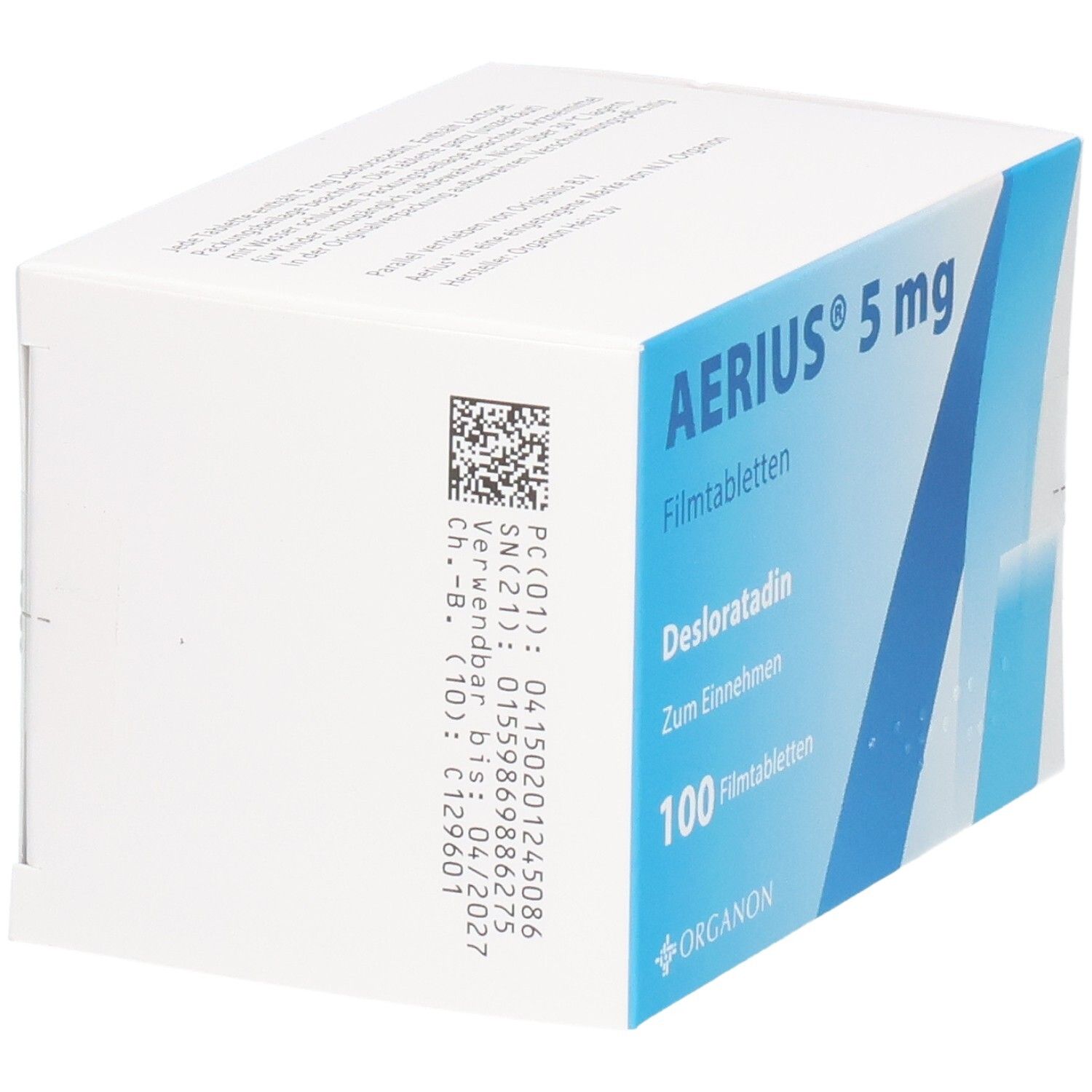 Weiße Faltschachtel mit blauer Grafik. Aufschrift: AERIUS 5 mg Filmtabletten, Desloratadin, Zum Einnehmen, 100 Filmtabletten. Logo: Organon. Barcode und Text.