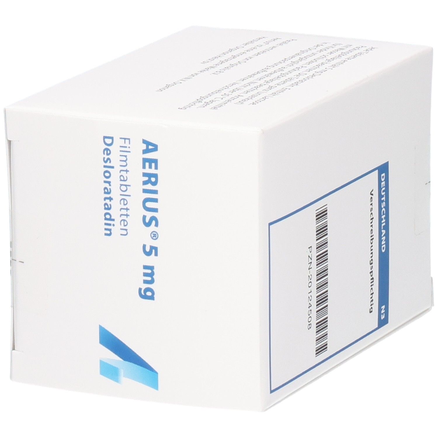 Weiße Faltschachtel mit blauer Grafik. Aufschrift: AERIUS 5 mg Filmtabletten, Desloratadin. Barcode und PZN-Nummer.