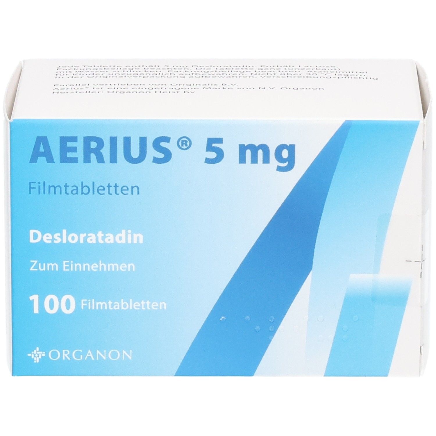 Weiße Faltschachtel mit blauer Grafik. Aufschrift: AERIUS 5 mg Filmtabletten, Desloratadin, Zum Einnehmen, 100 Filmtabletten. Logo: Organon.