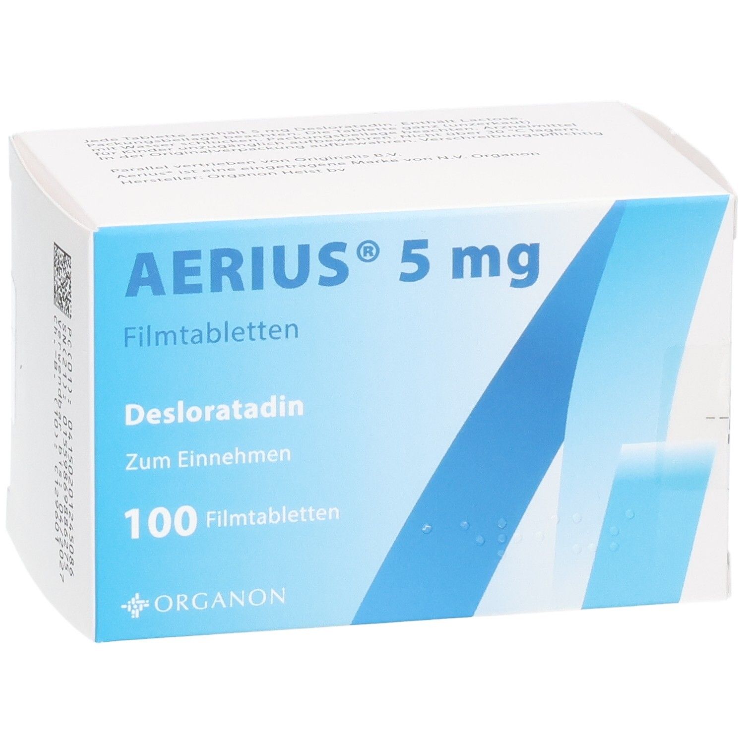 Weiße Faltschachtel mit blauer Grafik. Aufschrift: AERIUS 5 mg Filmtabletten, Desloratadin, Zum Einnehmen, 100 Filmtabletten. Logo: Organon.