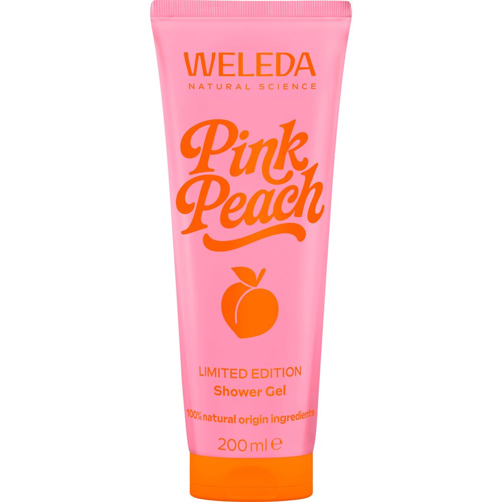 Rosa Tube mit orangefarbener Schrift. "WELEDA Pink Peach" und Pfirsich-Illustration. "Shower Gel" und "Limited Edition".