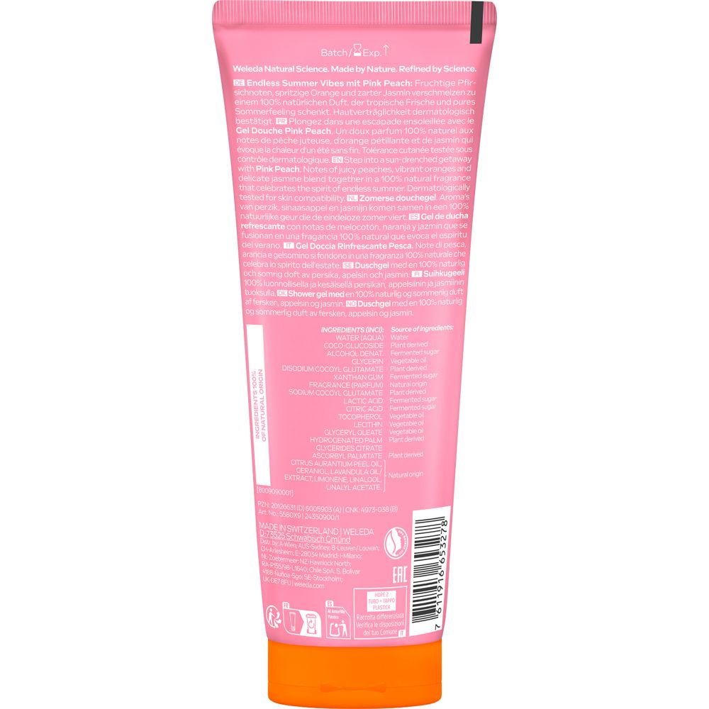 Rückseite einer rosa Tube. Text in mehreren Sprachen. Orangefarbener Verschluss. Inhaltsstoffe und Herstellerinformationen.