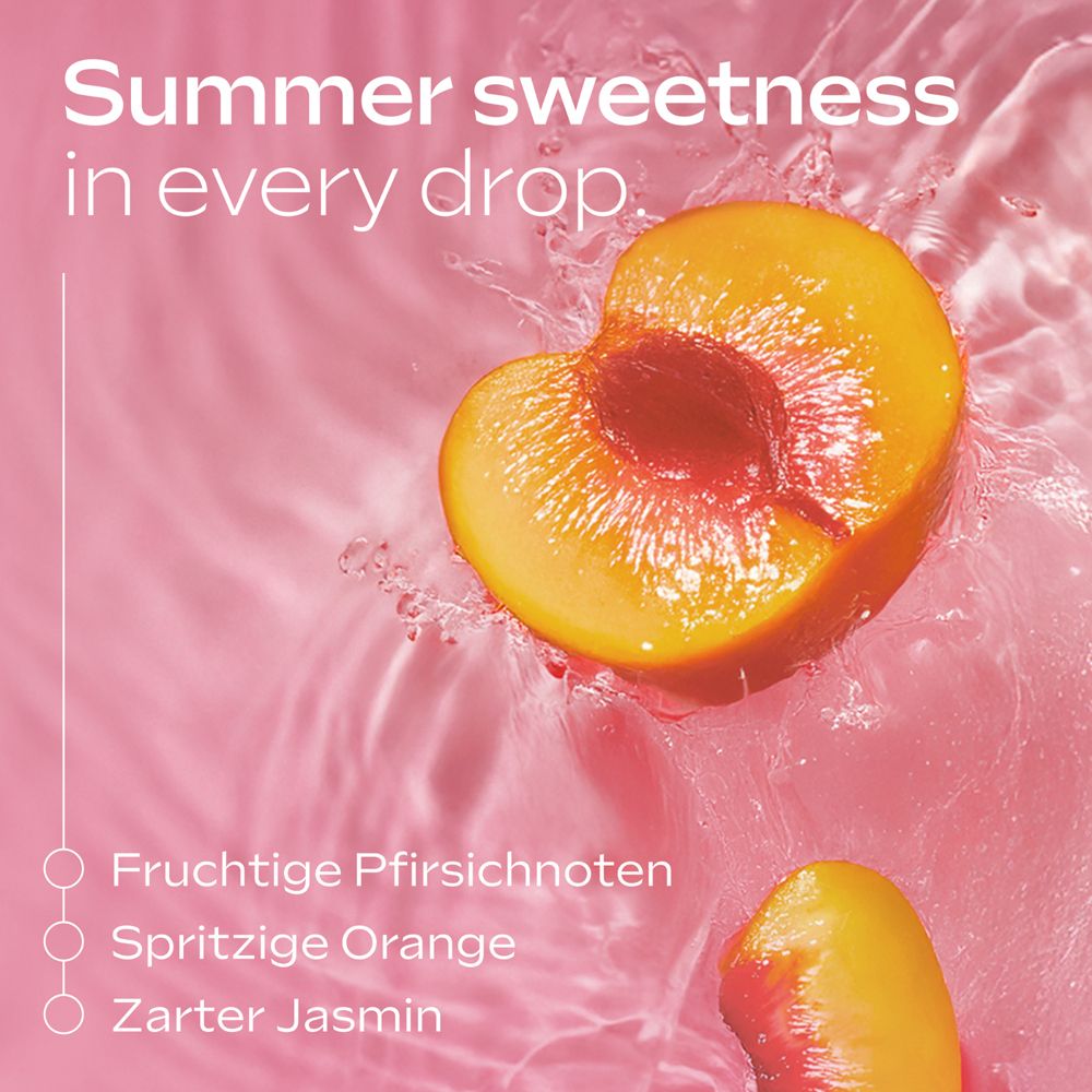 Pfirsichhälfte im Wasser. Text: "Summer sweetness in every drop". Aufzählung: fruchtige Pfirsichnoten, spritzige Orange, zarter Jasmin.