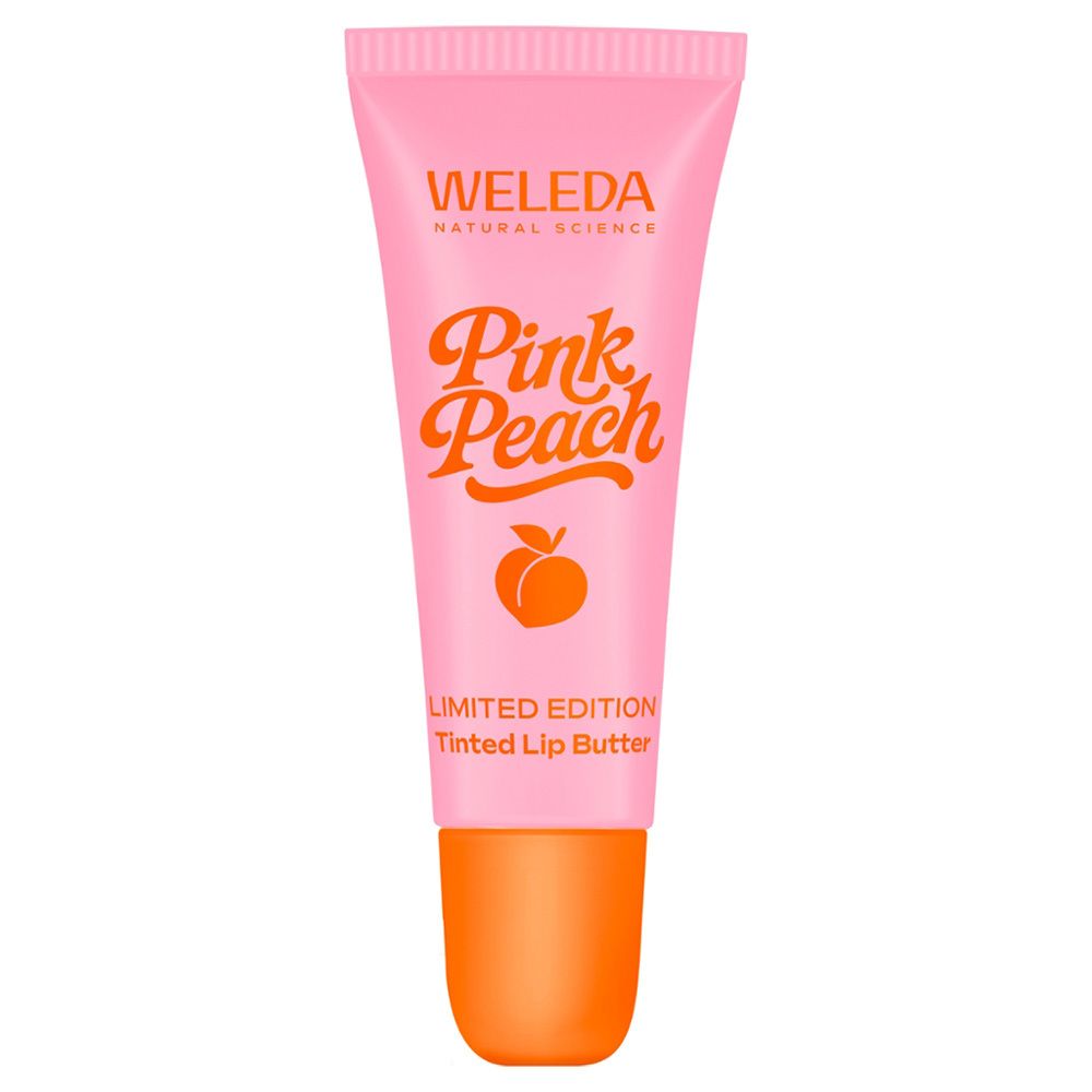 Rosa Tube mit orangefarbenem Verschluss. Schriftzug WELEDA, Pink Peach und Pfirsich-Illustration. Limited Edition Tinted Lip Butter.