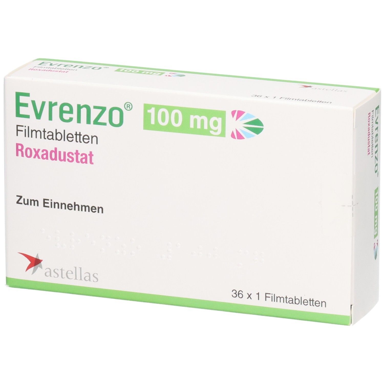 Evrenzo 100 mg Filmtabletten Roxadustat Verpackung, 36 Tabletten.