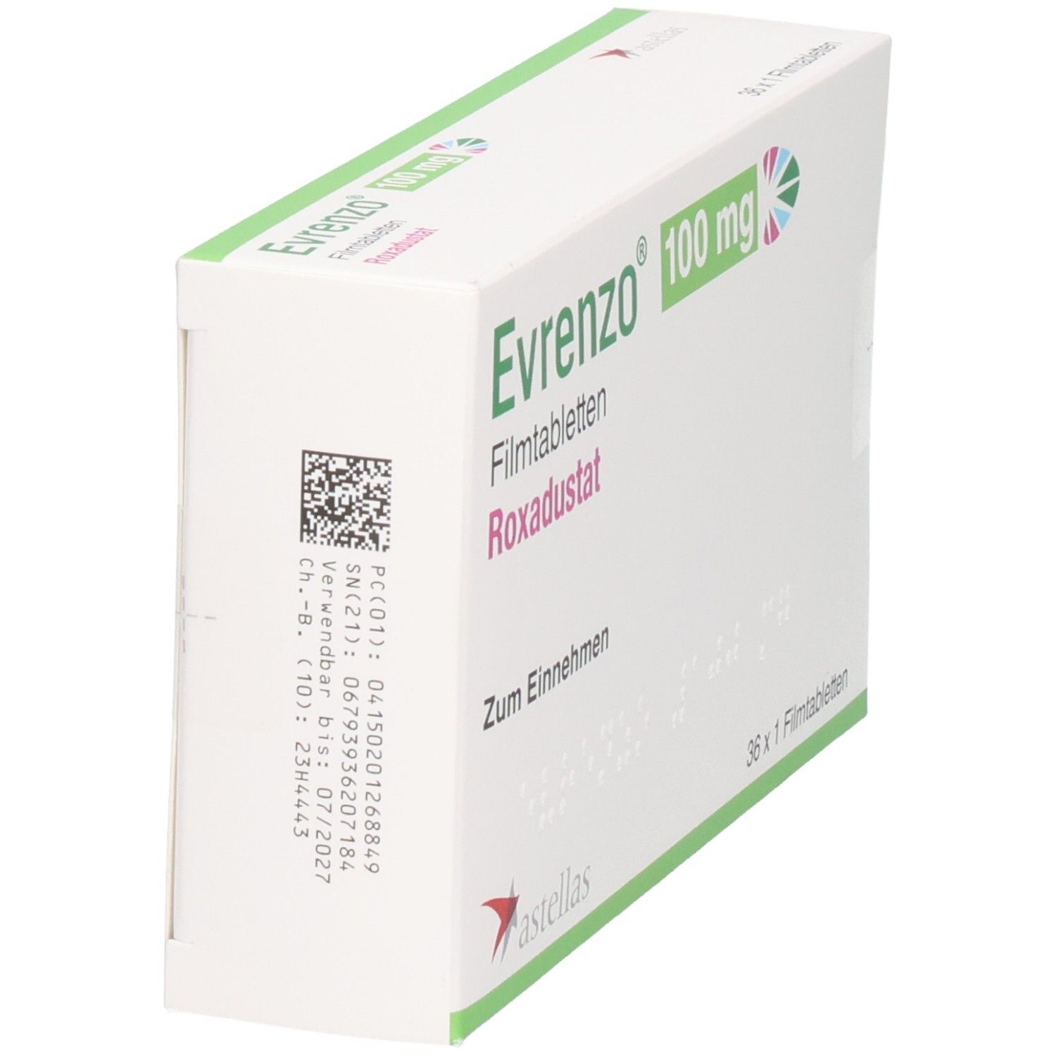 Evrenzo 100 mg Filmtabletten Roxadustat Verpackung, Seite mit Chargennummer.