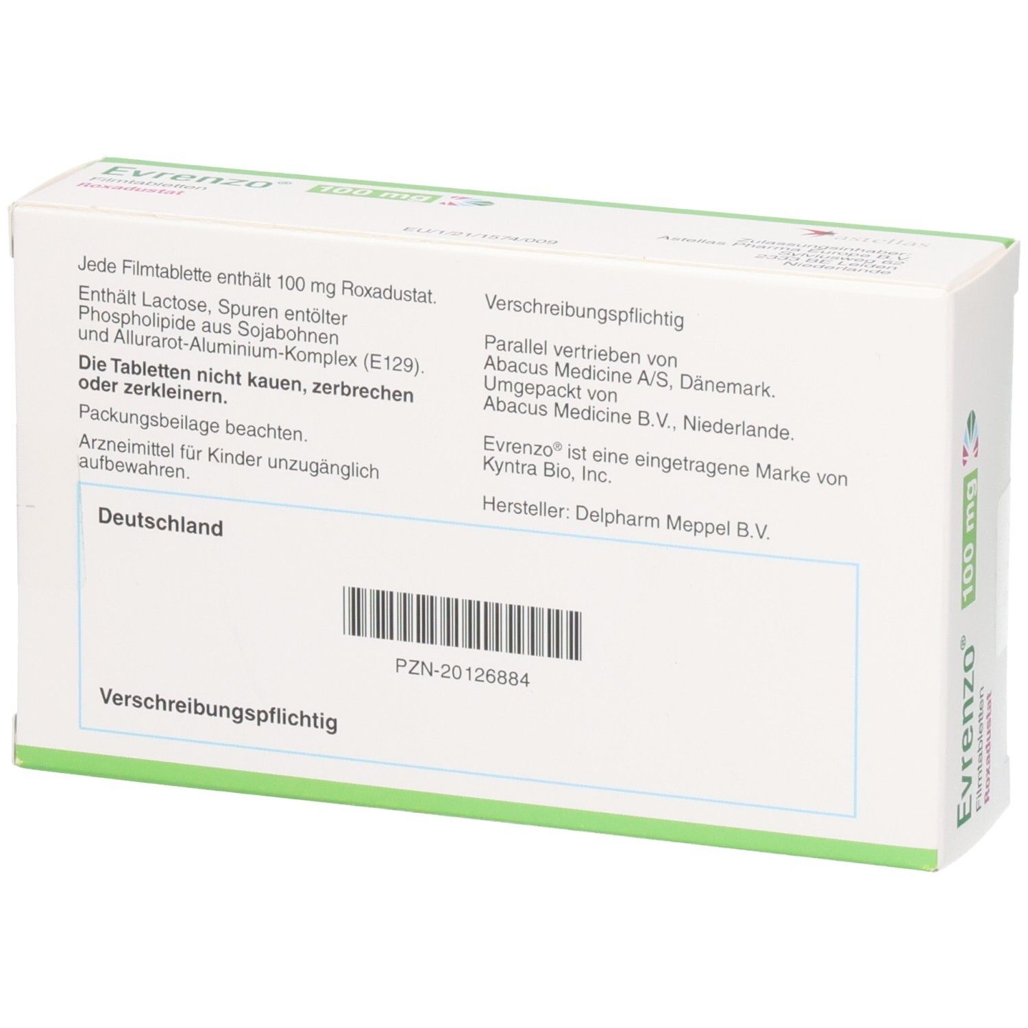 Evrenzo 100 mg Filmtabletten Roxadustat Verpackung, Rückseite mit Informationen.