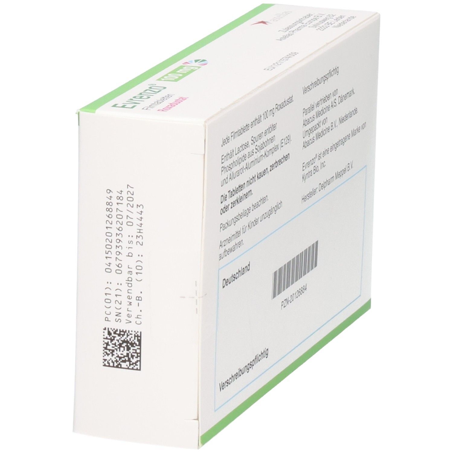 Evrenzo 100 mg Filmtabletten Roxadustat Verpackung, Rückseite mit Informationen.