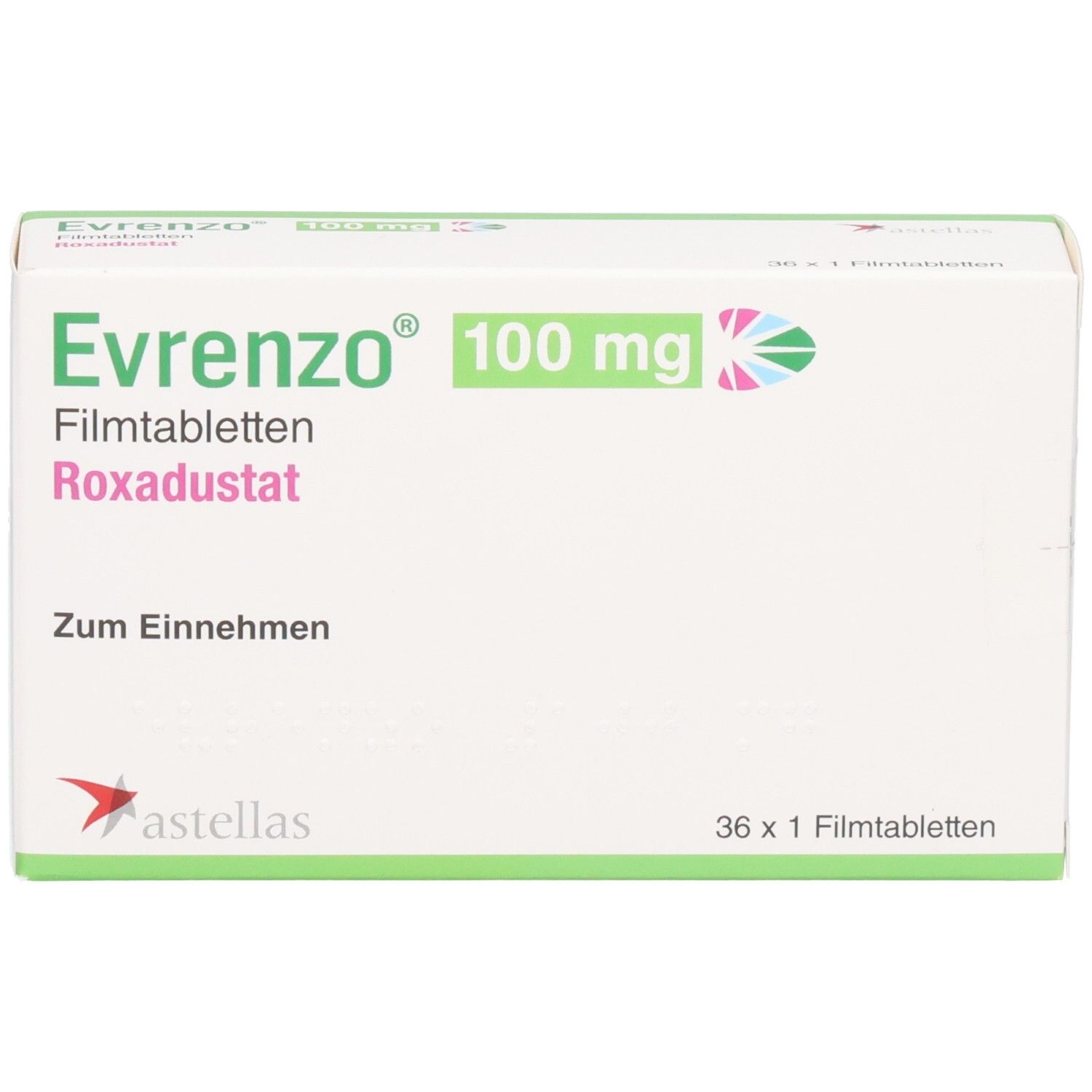 Evrenzo 100 mg Filmtabletten Roxadustat Verpackung, 36 Tabletten.