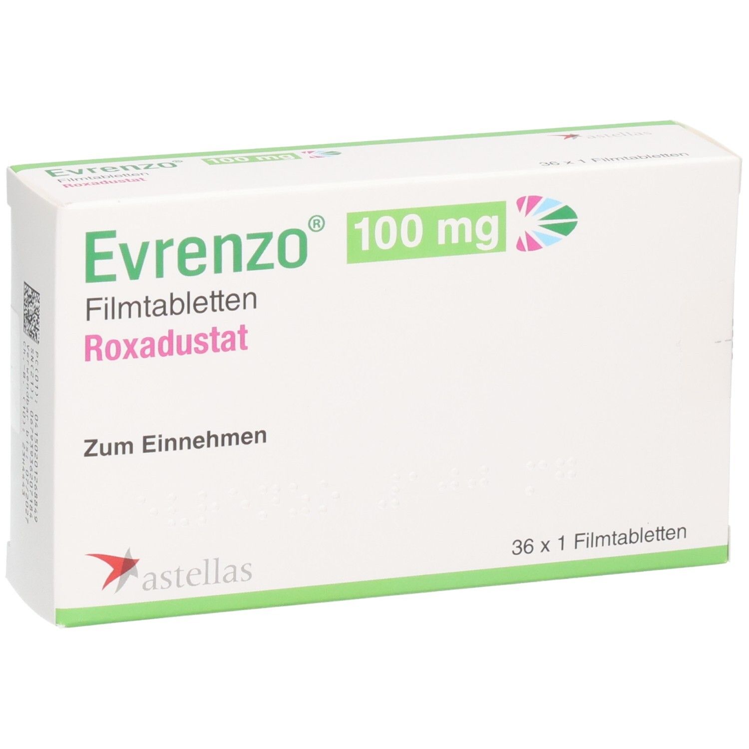 Evrenzo 100 mg Filmtabletten Roxadustat Verpackung, 36 Tabletten.